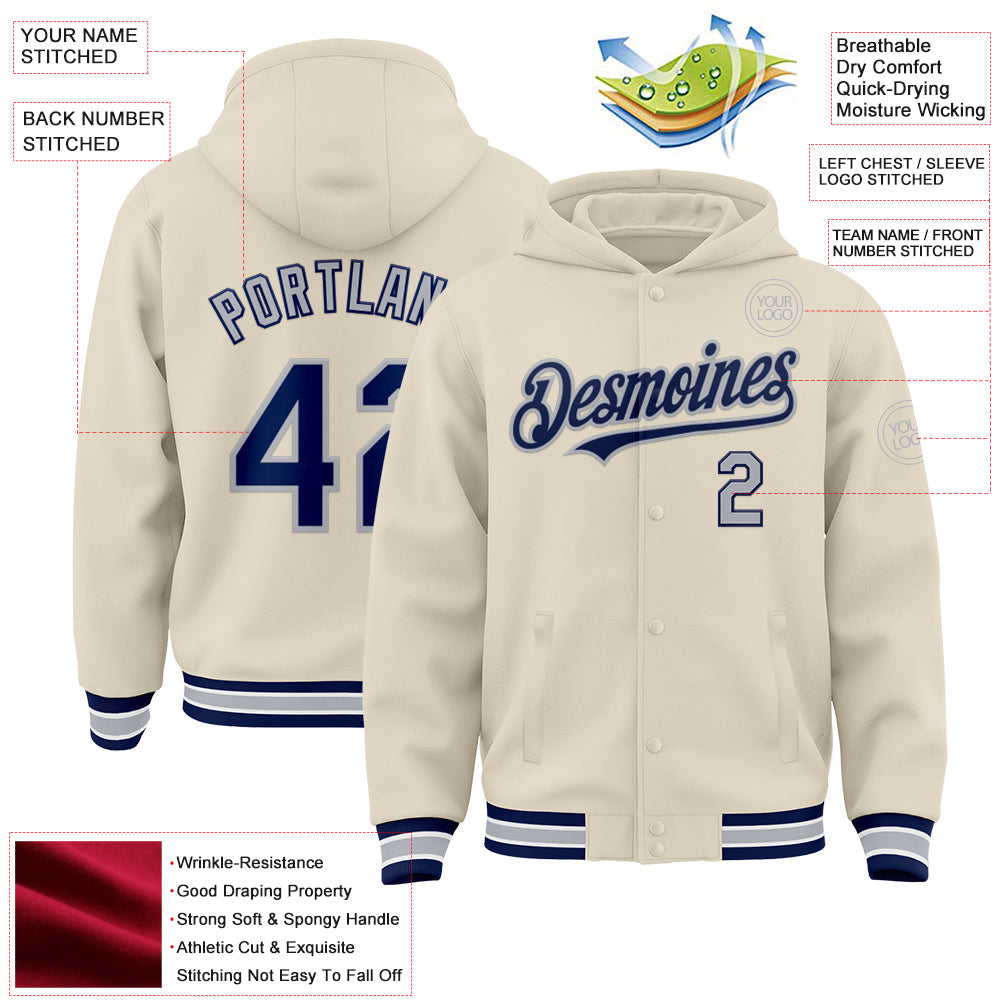 Custom Cream Navy Gray-White Bomber Full-Snap Varsity Letterman Hoodie Jacket view 3