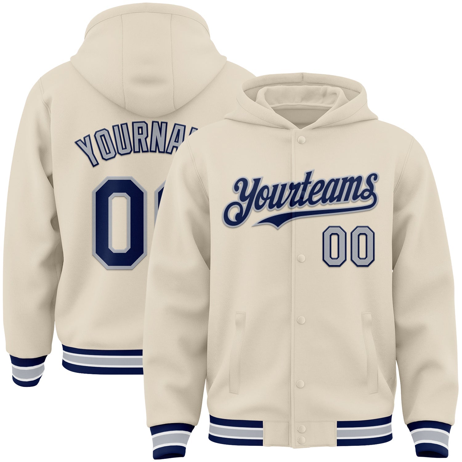 Custom Cream Navy Gray-White Bomber Full-Snap Varsity Letterman Hoodie Jacket - Main View