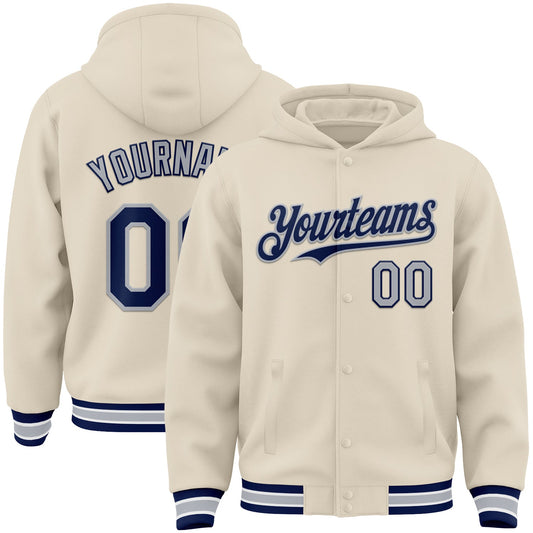 Custom Cream Navy Gray-White Bomber Full-Snap Varsity Letterman Hoodie Jacket - Main View