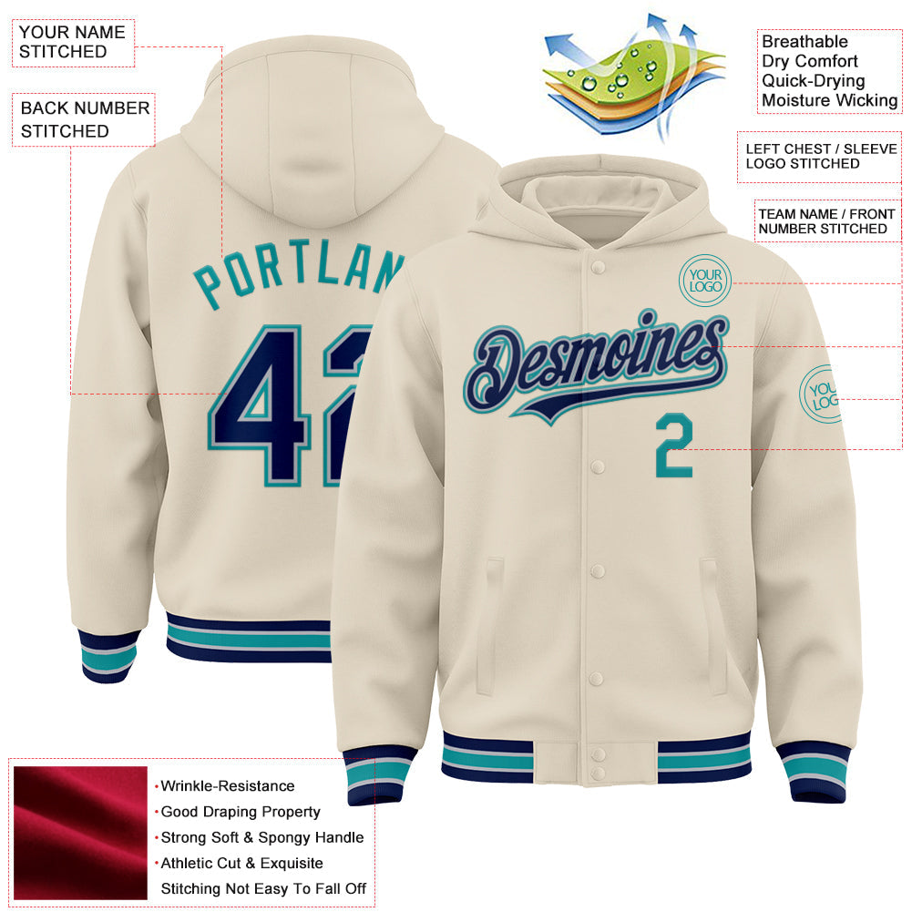 Custom Cream Navy Gray-Teal Bomber Full-Snap Varsity Letterman Hoodie Jacket view 3