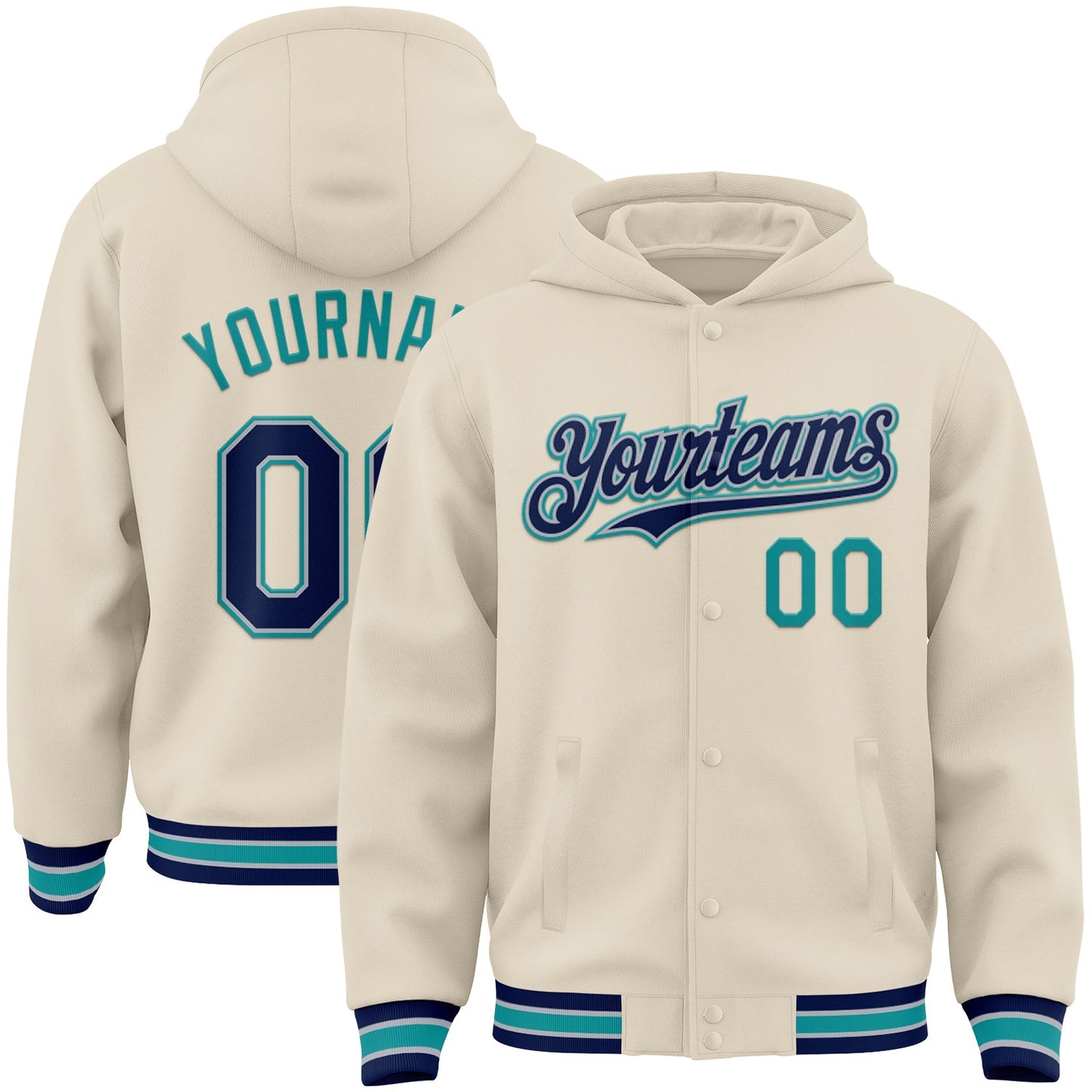 Custom Cream Navy Gray-Teal Bomber Full-Snap Varsity Letterman Hoodie Jacket - Main View
