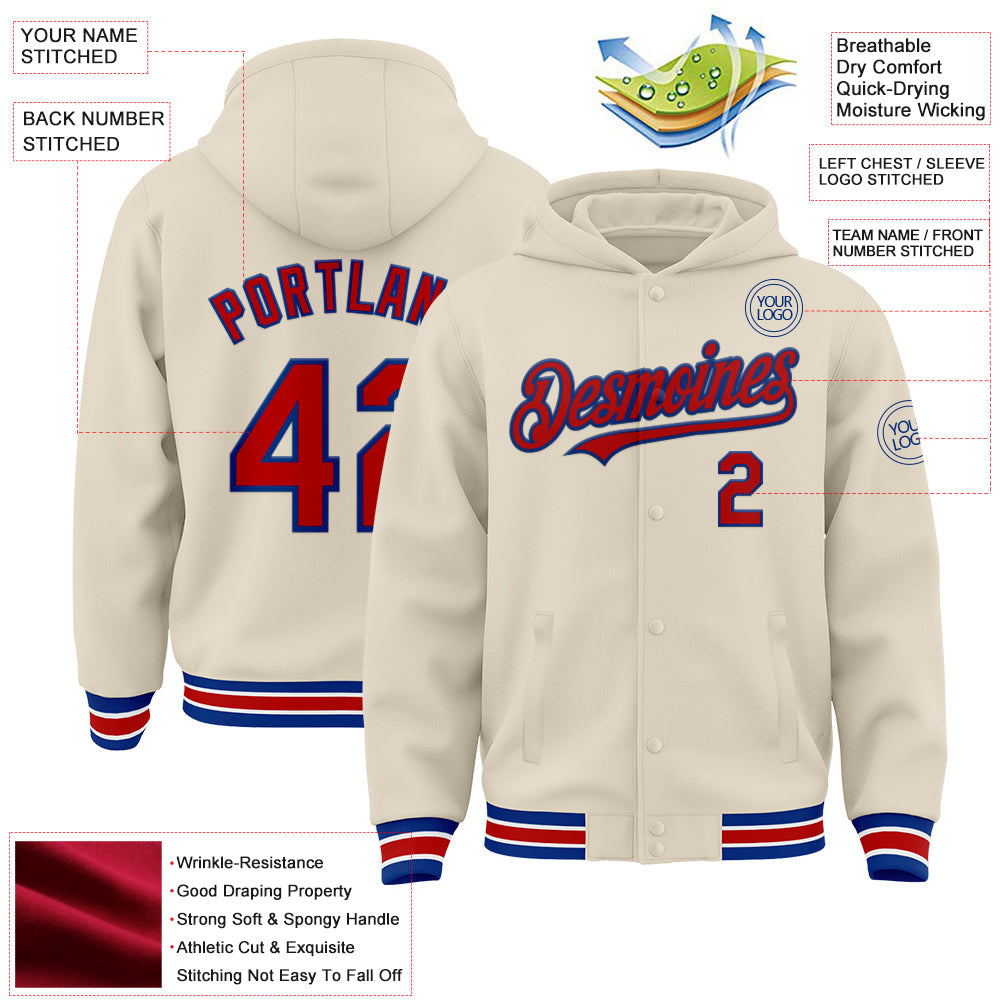 Custom Cream Red Royal-White Bomber Full-Snap Varsity Letterman Hoodie Jacket view 3