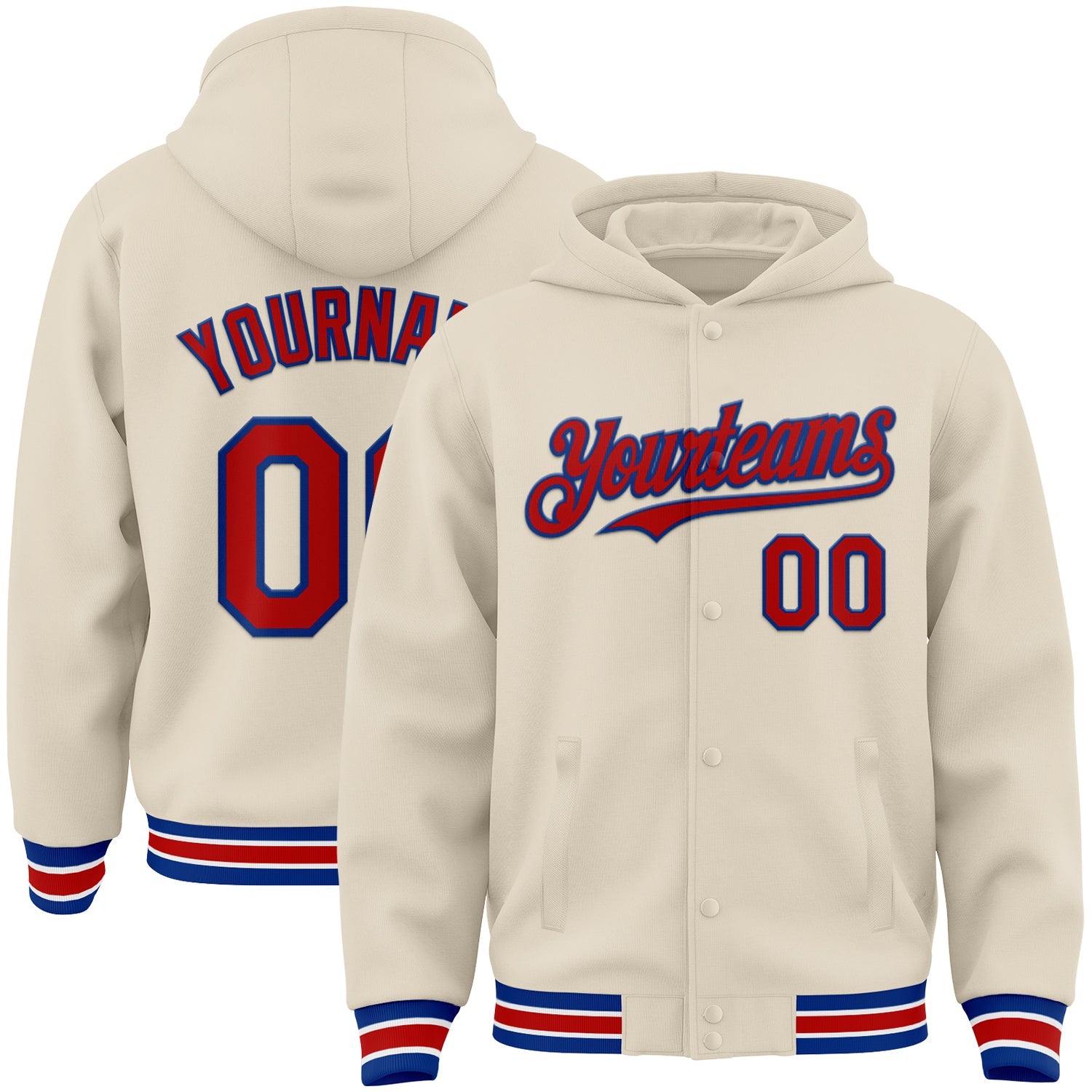 Custom Cream Red Royal-White Bomber Full-Snap Varsity Letterman Hoodie Jacket - Main View