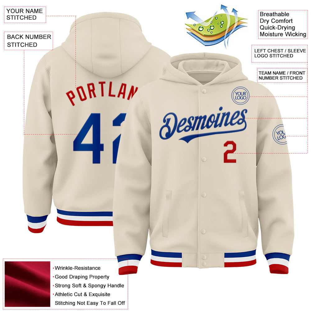 Custom Cream Royal Red-White Bomber Full-Snap Varsity Letterman Hoodie Jacket view 3