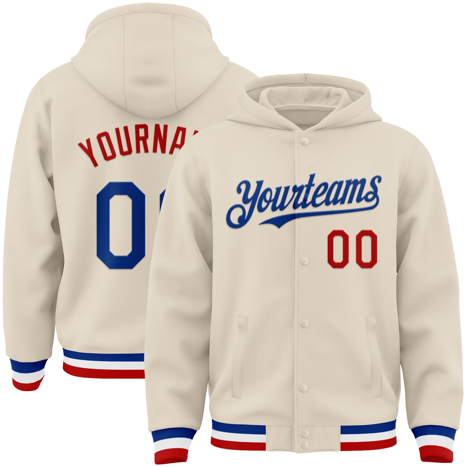 Custom Cream Royal Red-White Bomber Full-Snap Varsity Letterman Hoodie Jacket - Main View