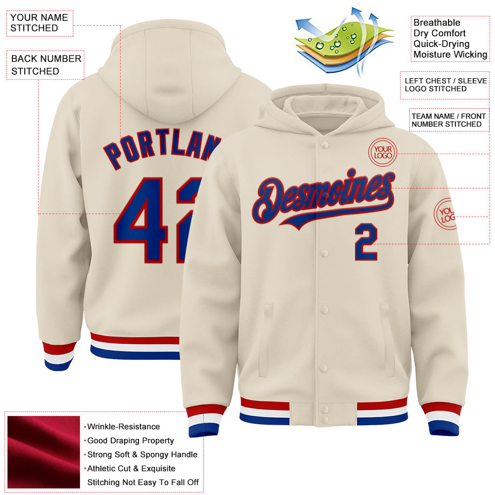 Custom Cream Royal Red-White Bomber Full-Snap Varsity Letterman Hoodie Jacket view 3