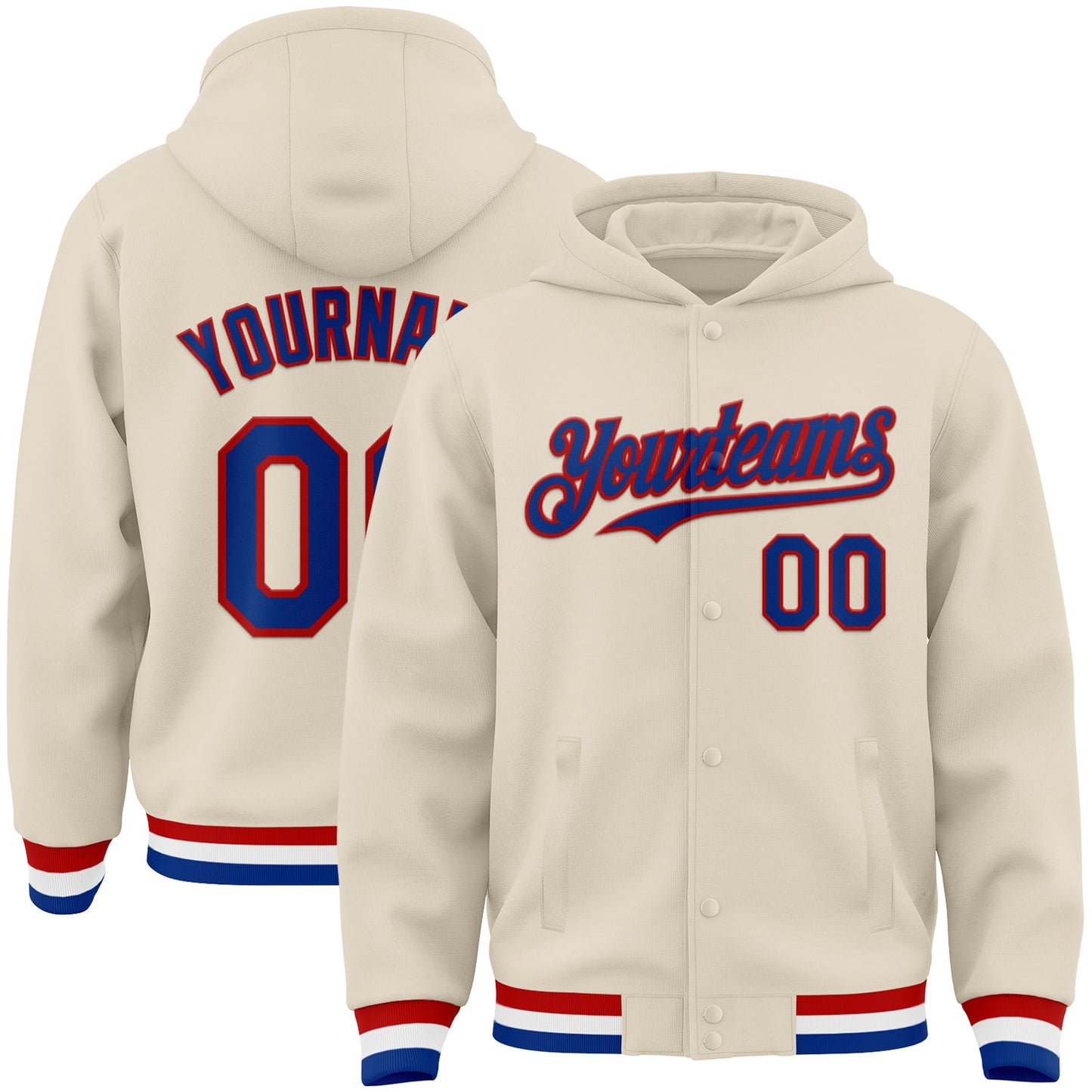Custom Cream Royal Red-White Bomber Full-Snap Varsity Letterman Hoodie Jacket - Main View
