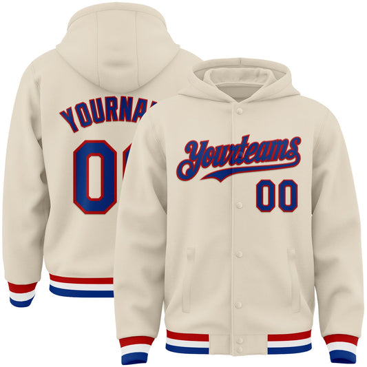 Custom Cream Royal Red-White Bomber Full-Snap Varsity Letterman Hoodie Jacket - Main View