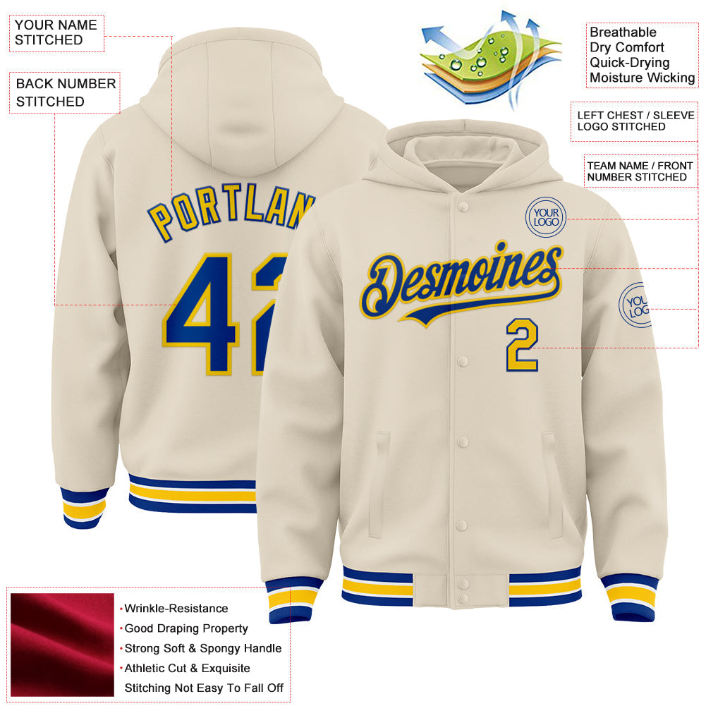 Custom Cream Royal Yellow-White Bomber Full-Snap Varsity Letterman Hoodie Jacket view 3