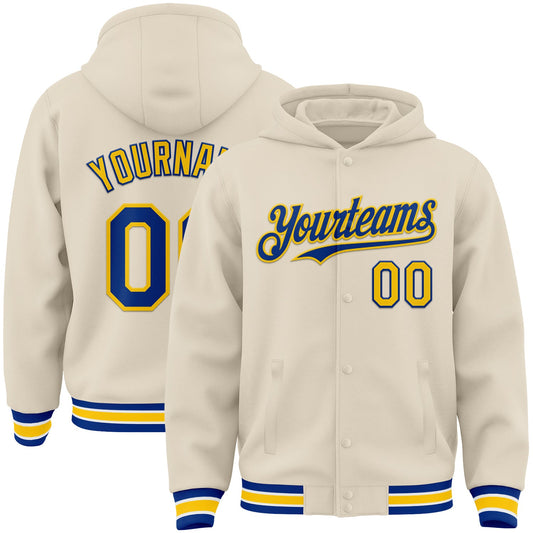 Custom Cream Royal Yellow-White Bomber Full-Snap Varsity Letterman Hoodie Jacket - Main View