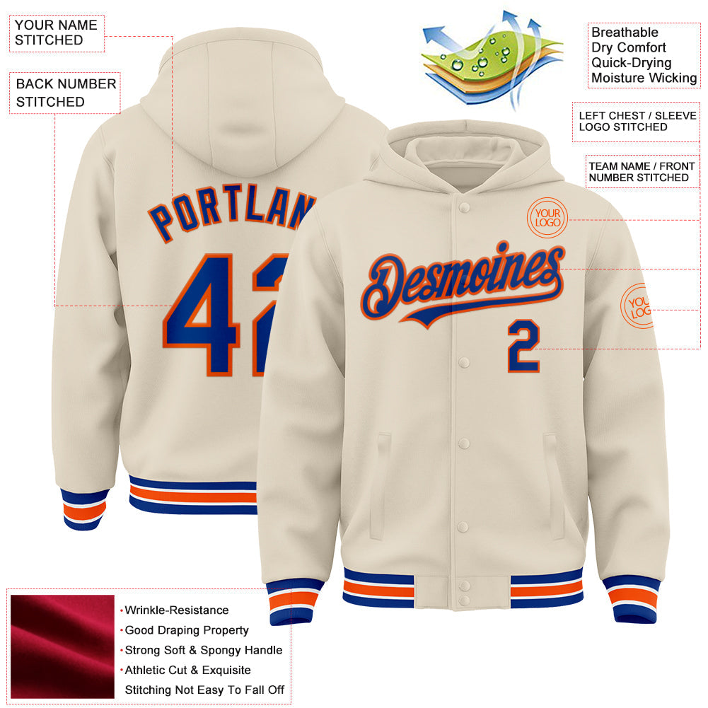 Custom Cream Royal Orange-White Bomber Full-Snap Varsity Letterman Hoodie Jacket view 3