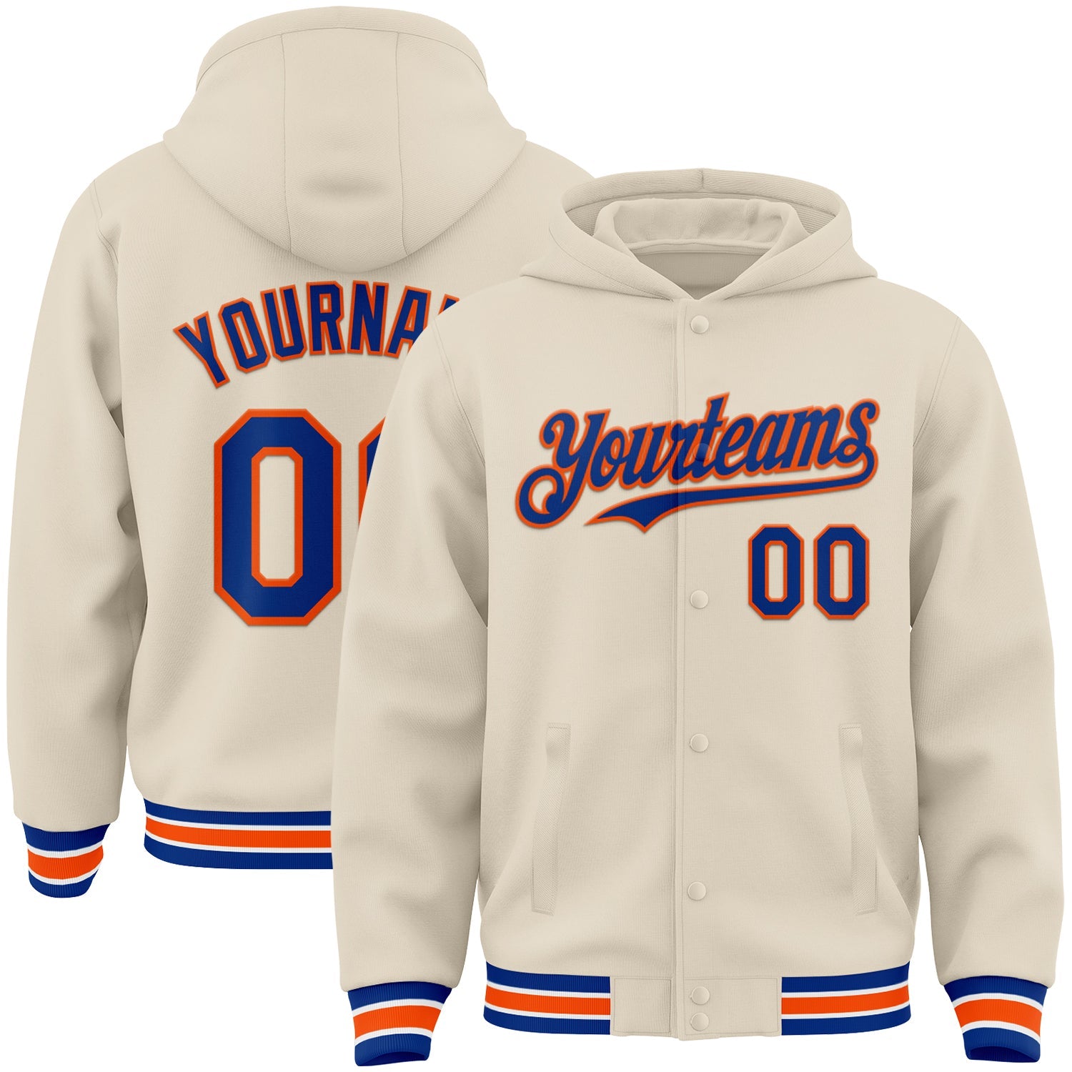 Custom Cream Royal Orange-White Bomber Full-Snap Varsity Letterman Hoodie Jacket - Main View