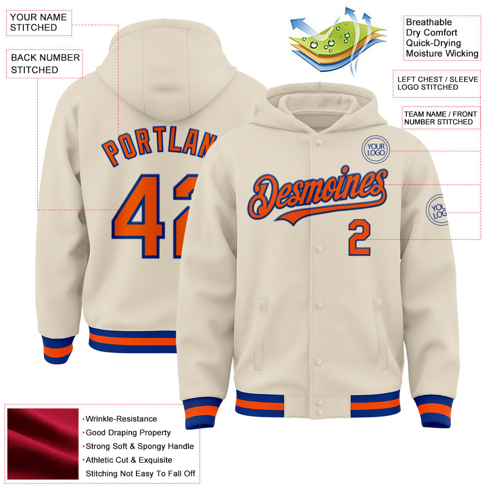 Custom Cream Orange-Royal Bomber Full-Snap Varsity Letterman Hoodie Jacket view 3