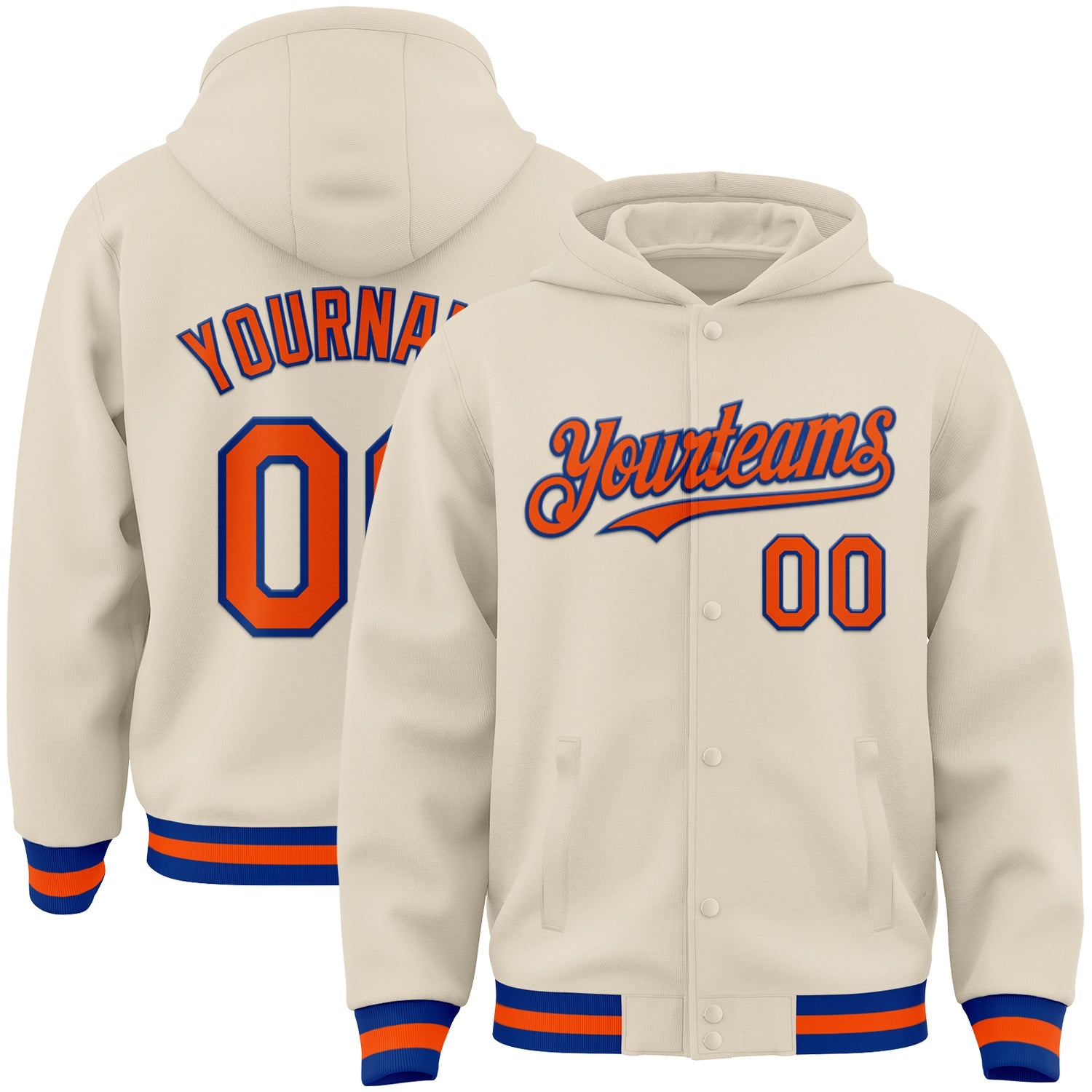 Custom Cream Orange-Royal Bomber Full-Snap Varsity Letterman Hoodie Jacket - Main View