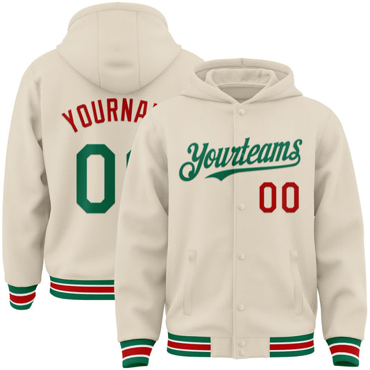 Custom Cream Kelly Green Red-White Bomber Full-Snap Varsity Letterman Hoodie Jacket - Main View