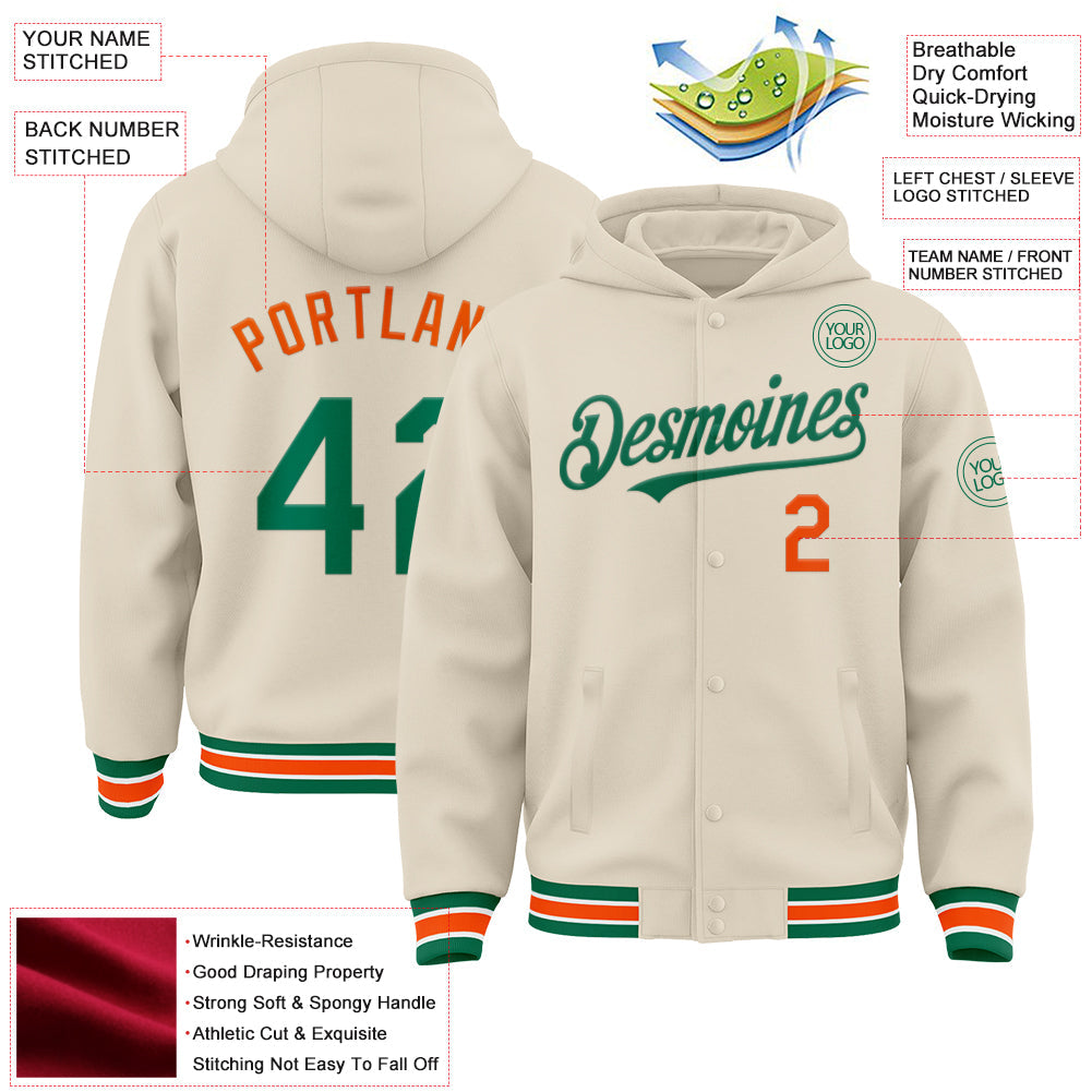 Custom Cream Kelly Green Orange-White Bomber Full-Snap Varsity Letterman Hoodie Jacket view 3