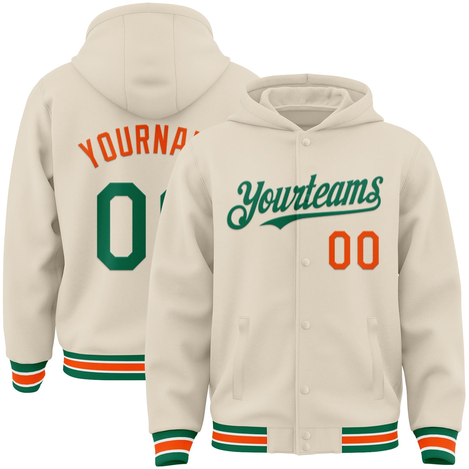 Custom Cream Kelly Green Orange-White Bomber Full-Snap Varsity Letterman Hoodie Jacket - Main View