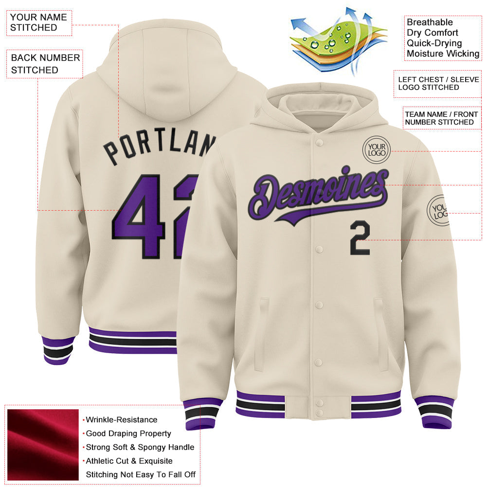 Custom Cream Purple Black-White Bomber Full-Snap Varsity Letterman Hoodie Jacket view 3