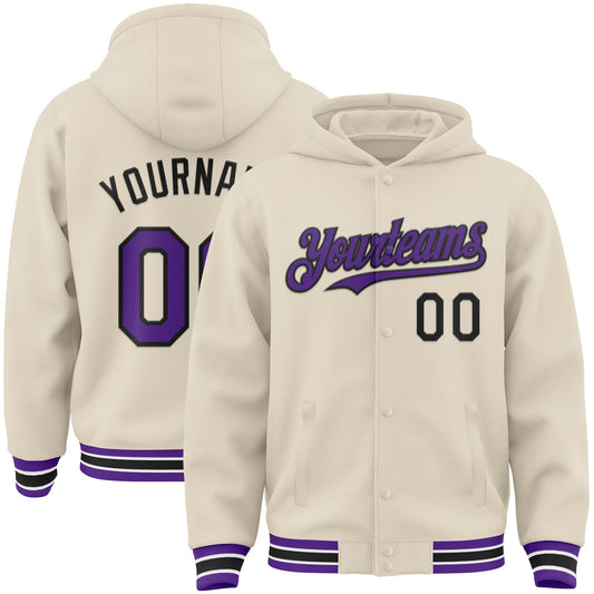 Custom Cream Purple Black-White Bomber Full-Snap Varsity Letterman Hoodie Jacket - Main View