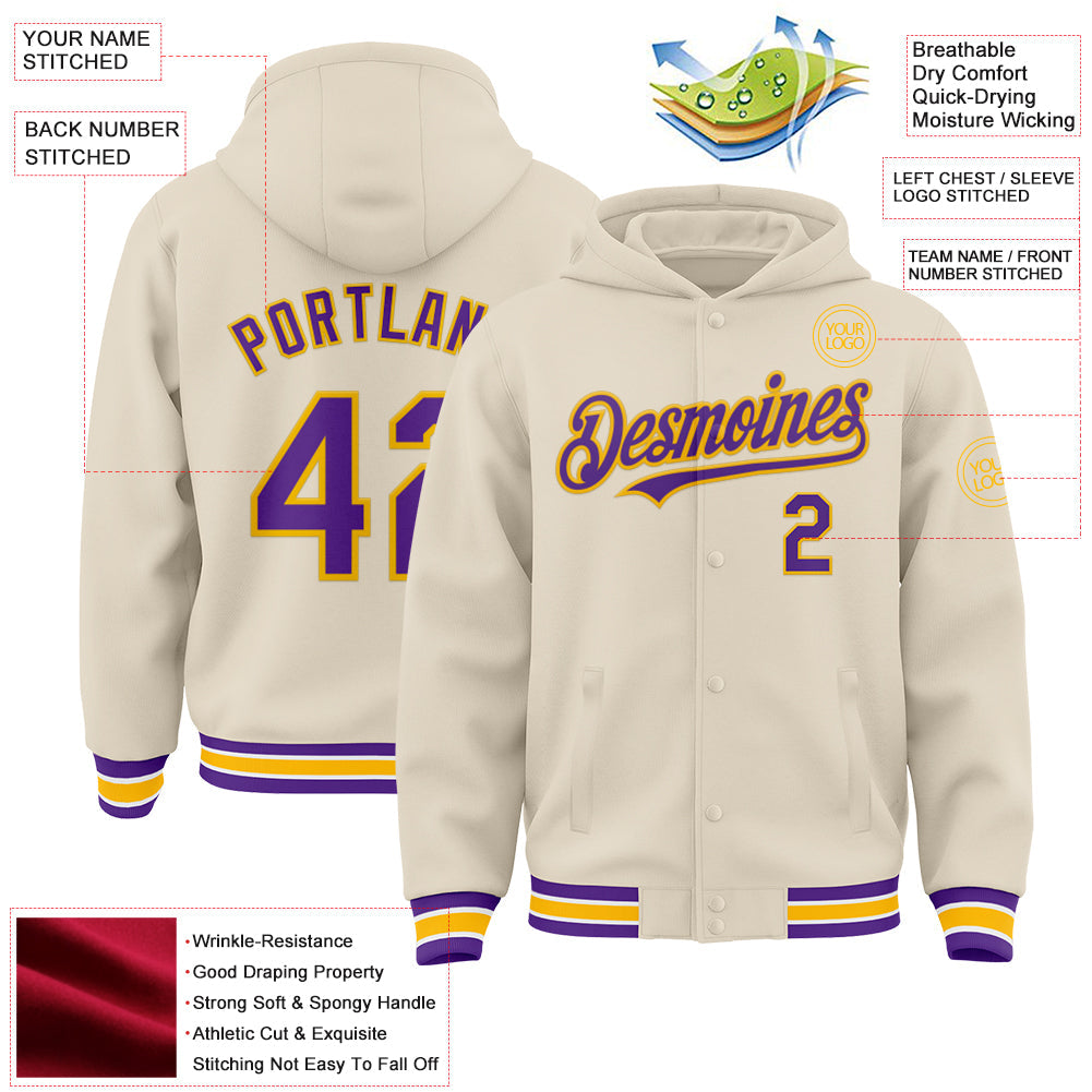 Custom Cream Purple Gold-White Bomber Full-Snap Varsity Letterman Hoodie Jacket view 3