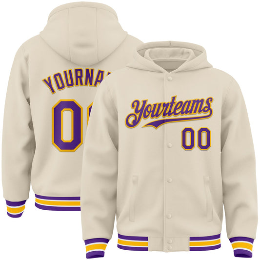 Custom Cream Purple Gold-White Bomber Full-Snap Varsity Letterman Hoodie Jacket - Main View