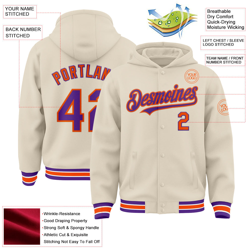 Custom Cream Purple Orange-White Bomber Full-Snap Varsity Letterman Hoodie Jacket view 3