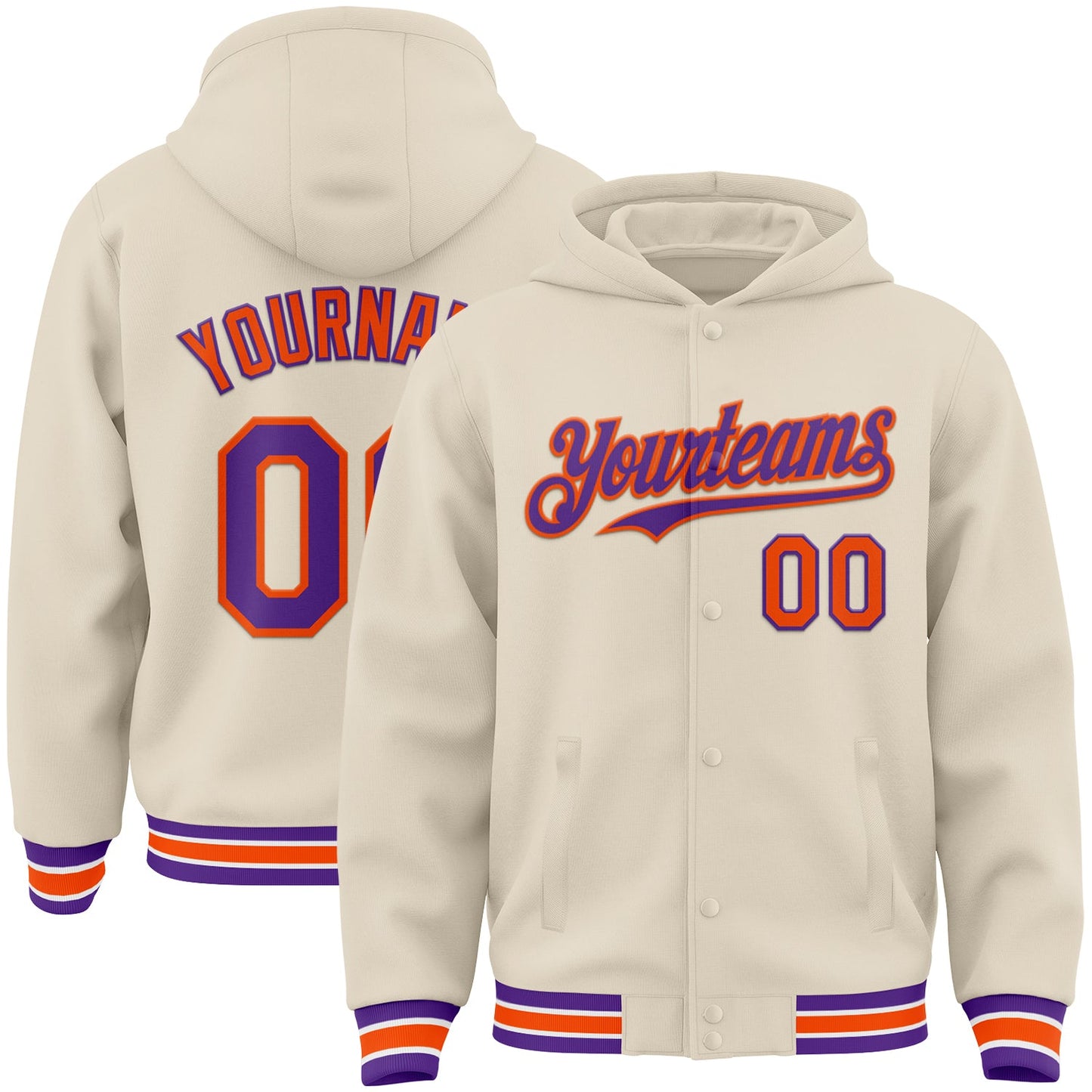 Custom Cream Purple Orange-White Bomber Full-Snap Varsity Letterman Hoodie Jacket - Main View