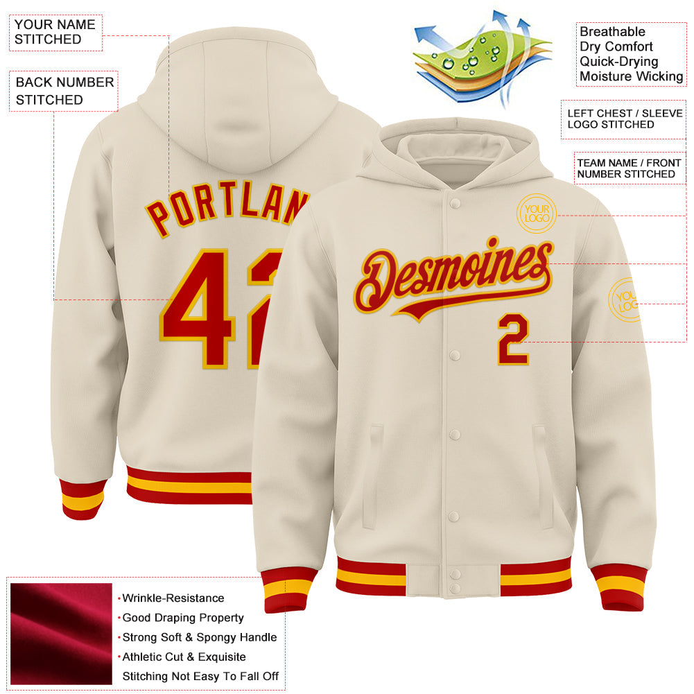 Custom Cream Red-Gold Bomber Full-Snap Varsity Letterman Hoodie Jacket view 3