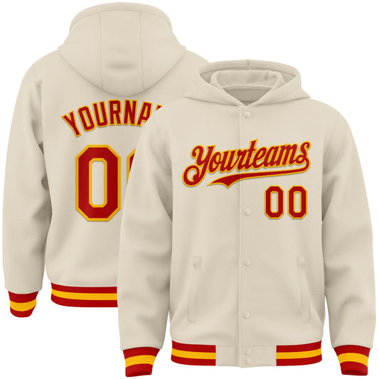 Custom Cream Red-Gold Bomber Full-Snap Varsity Letterman Hoodie Jacket - Main View