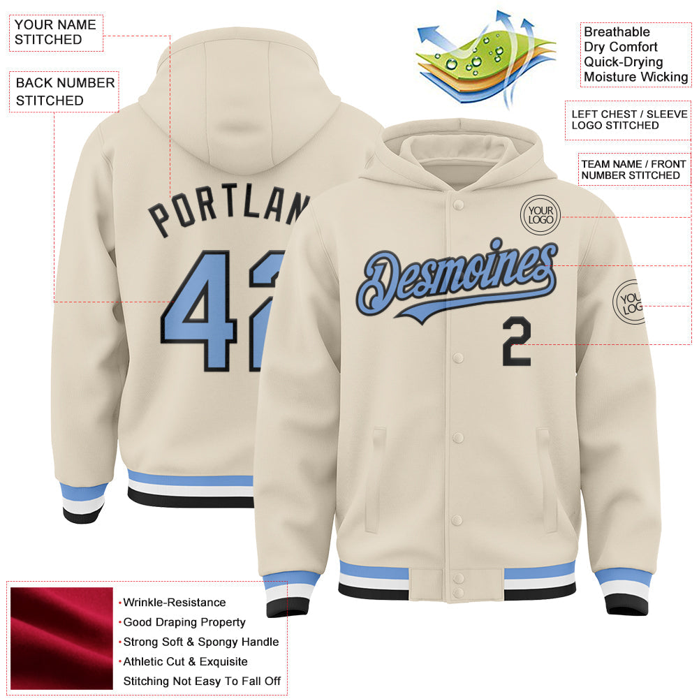 Custom Cream Light Blue Black-White Bomber Full-Snap Varsity Letterman Hoodie Jacket view 3