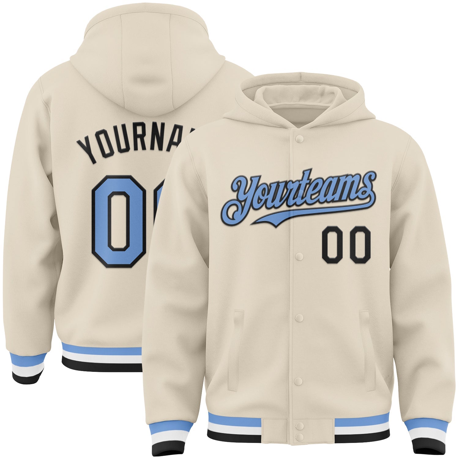Custom Cream Light Blue Black-White Bomber Full-Snap Varsity Letterman Hoodie Jacket - Main View