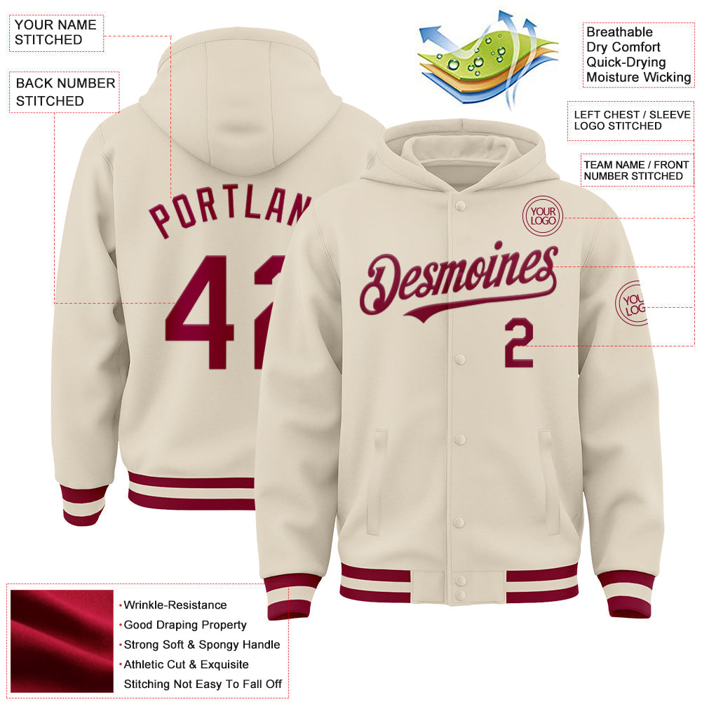 Custom Cream Maroon Bomber Full-Snap Varsity Letterman Hoodie Jacket view 3