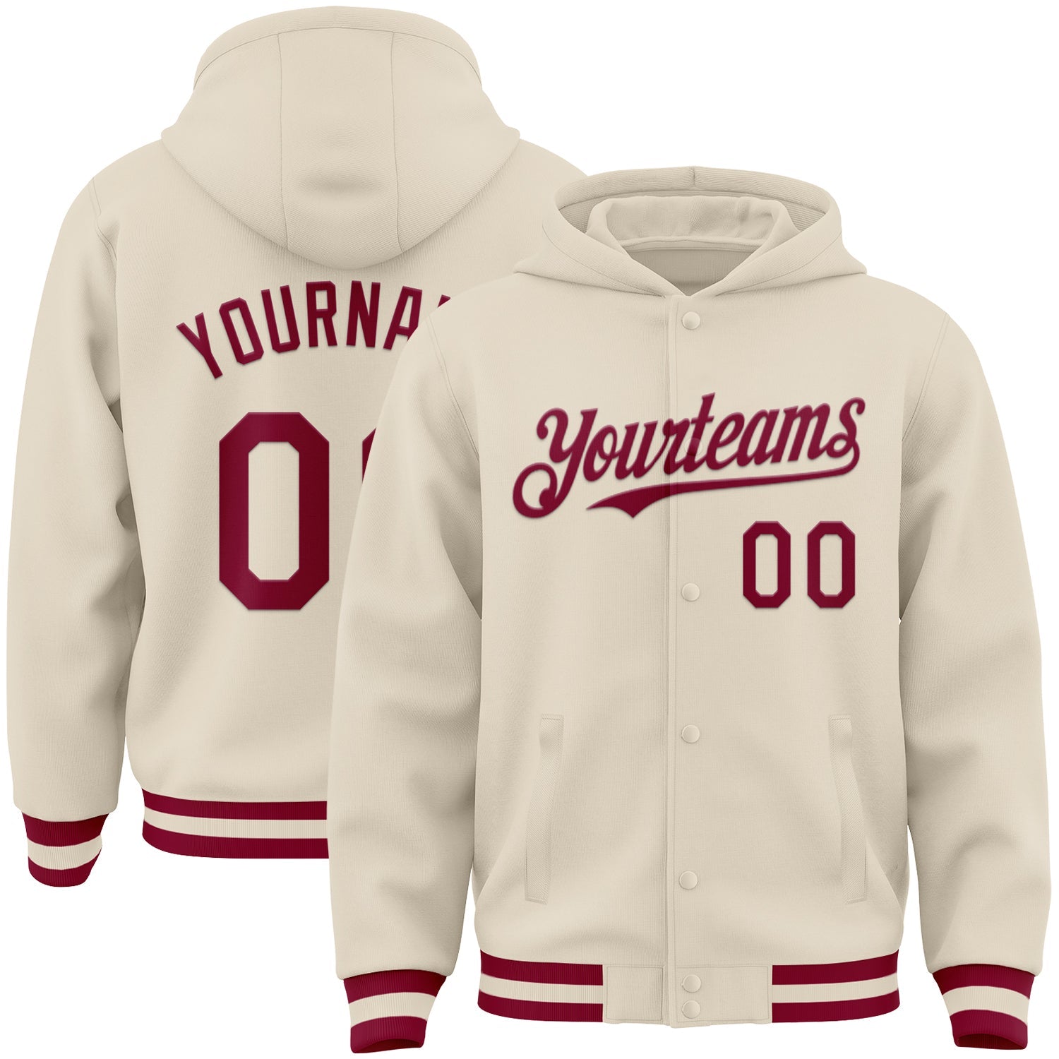 Custom Cream Maroon Bomber Full-Snap Varsity Letterman Hoodie Jacket - Main View