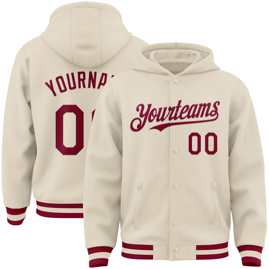 Custom Cream Maroon Bomber Full-Snap Varsity Letterman Hoodie Jacket - Main View