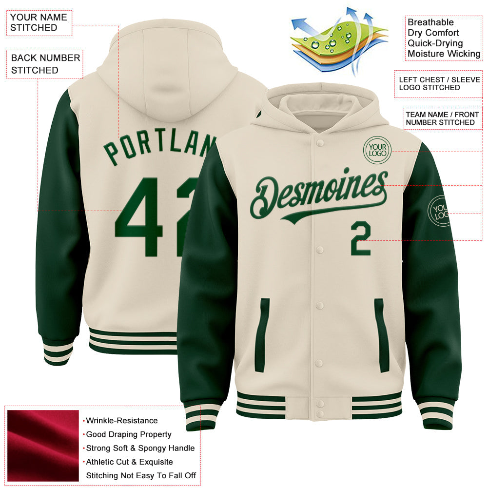 Custom Cream Green Bomber Full-Snap Varsity Letterman Two Tone Hoodie Jacket view 3