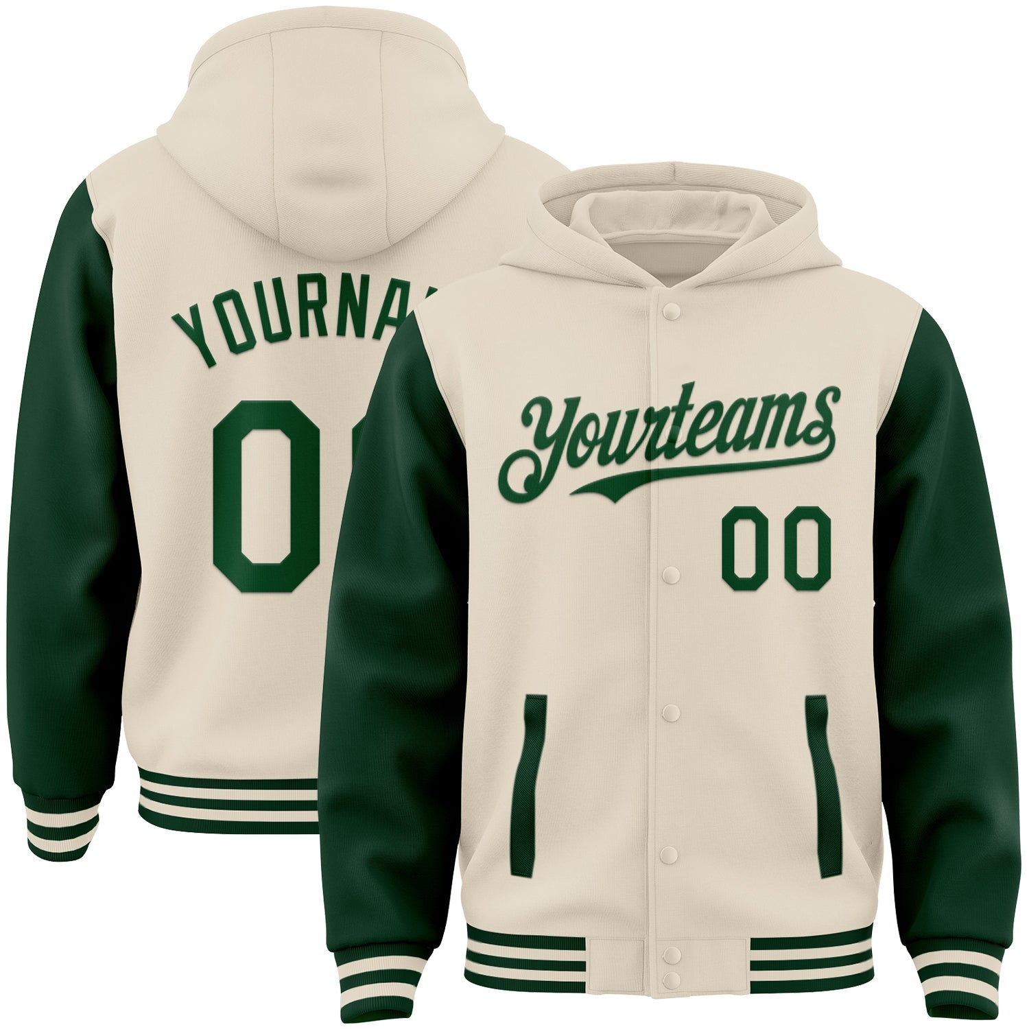 Custom Cream Green Bomber Full-Snap Varsity Letterman Two Tone Hoodie Jacket - Main View