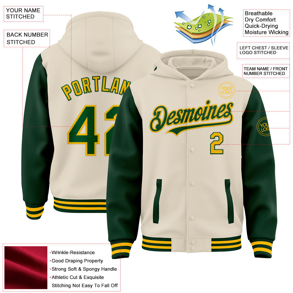 Custom Cream Green-Gold Bomber Full-Snap Varsity Letterman Two Tone Hoodie Jacket view 3