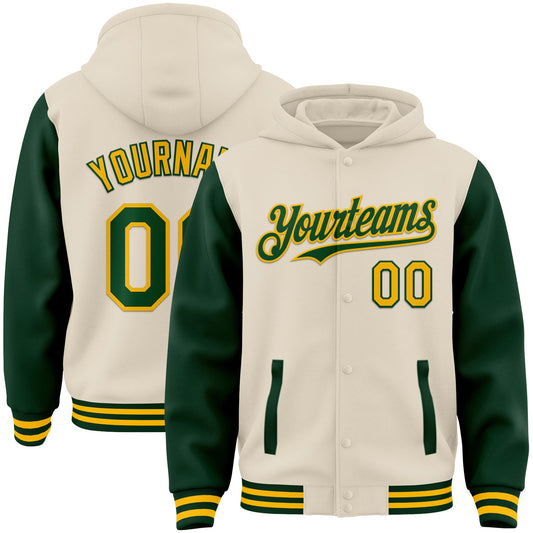 Custom Cream Green-Gold Bomber Full-Snap Varsity Letterman Two Tone Hoodie Jacket - Main View