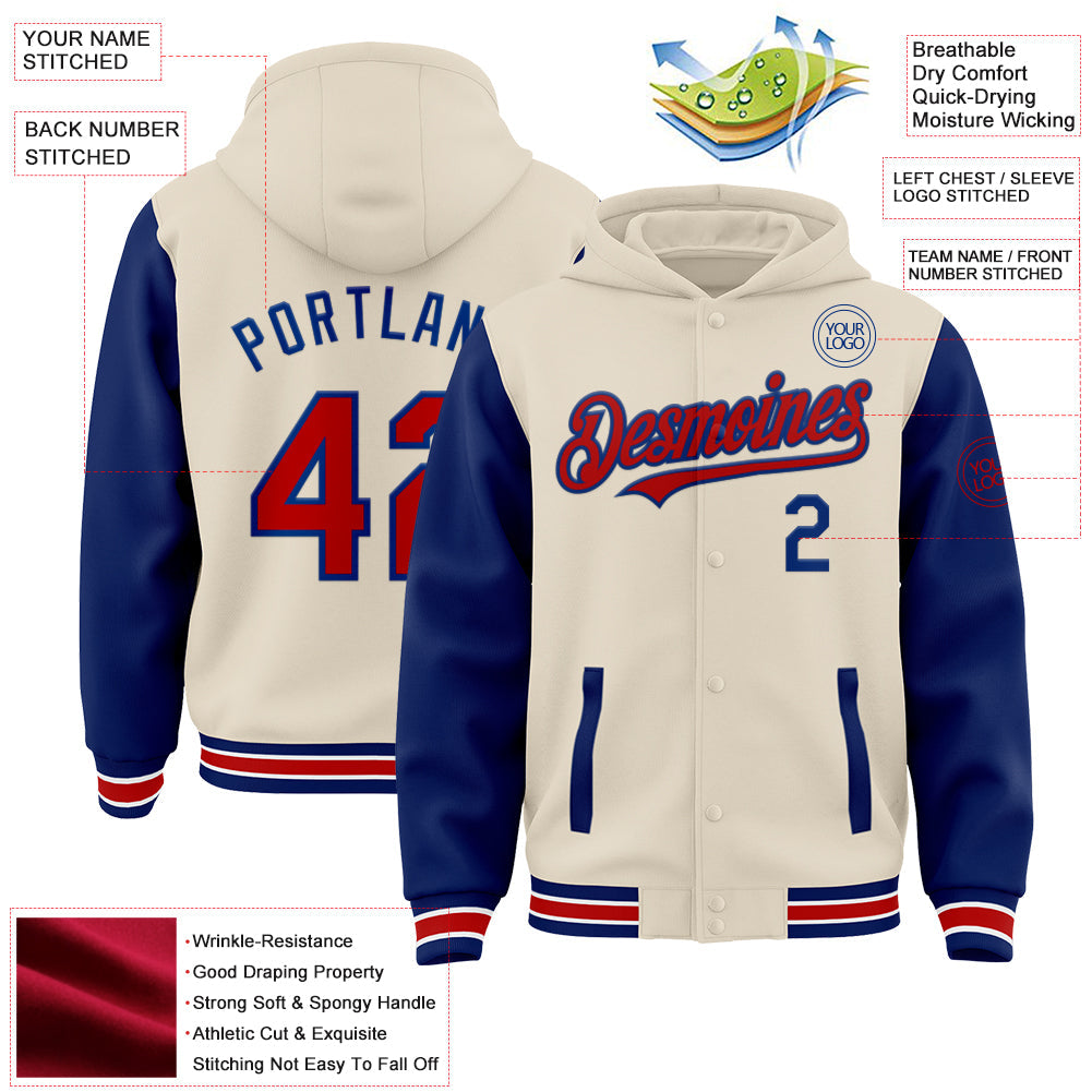 Custom Cream Red Royal-White Bomber Full-Snap Varsity Letterman Two Tone Hoodie Jacket view 3