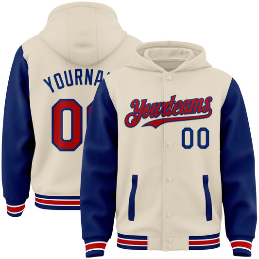 Custom Cream Red Royal-White Bomber Full-Snap Varsity Letterman Two Tone Hoodie Jacket - Main View