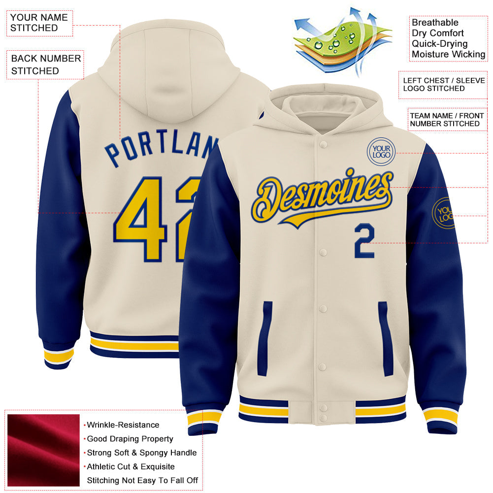 Custom Cream Yellow Royal-White Bomber Full-Snap Varsity Letterman Two Tone Hoodie Jacket view 3