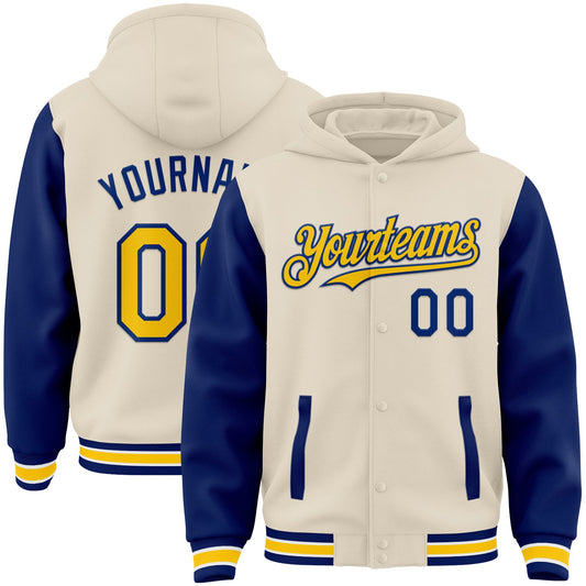 Custom Cream Yellow Royal-White Bomber Full-Snap Varsity Letterman Two Tone Hoodie Jacket - Main View