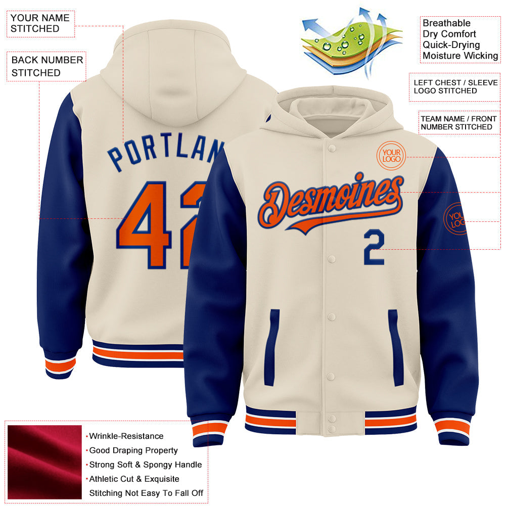 Custom Cream Orange Royal-White Bomber Full-Snap Varsity Letterman Two Tone Hoodie Jacket view 3