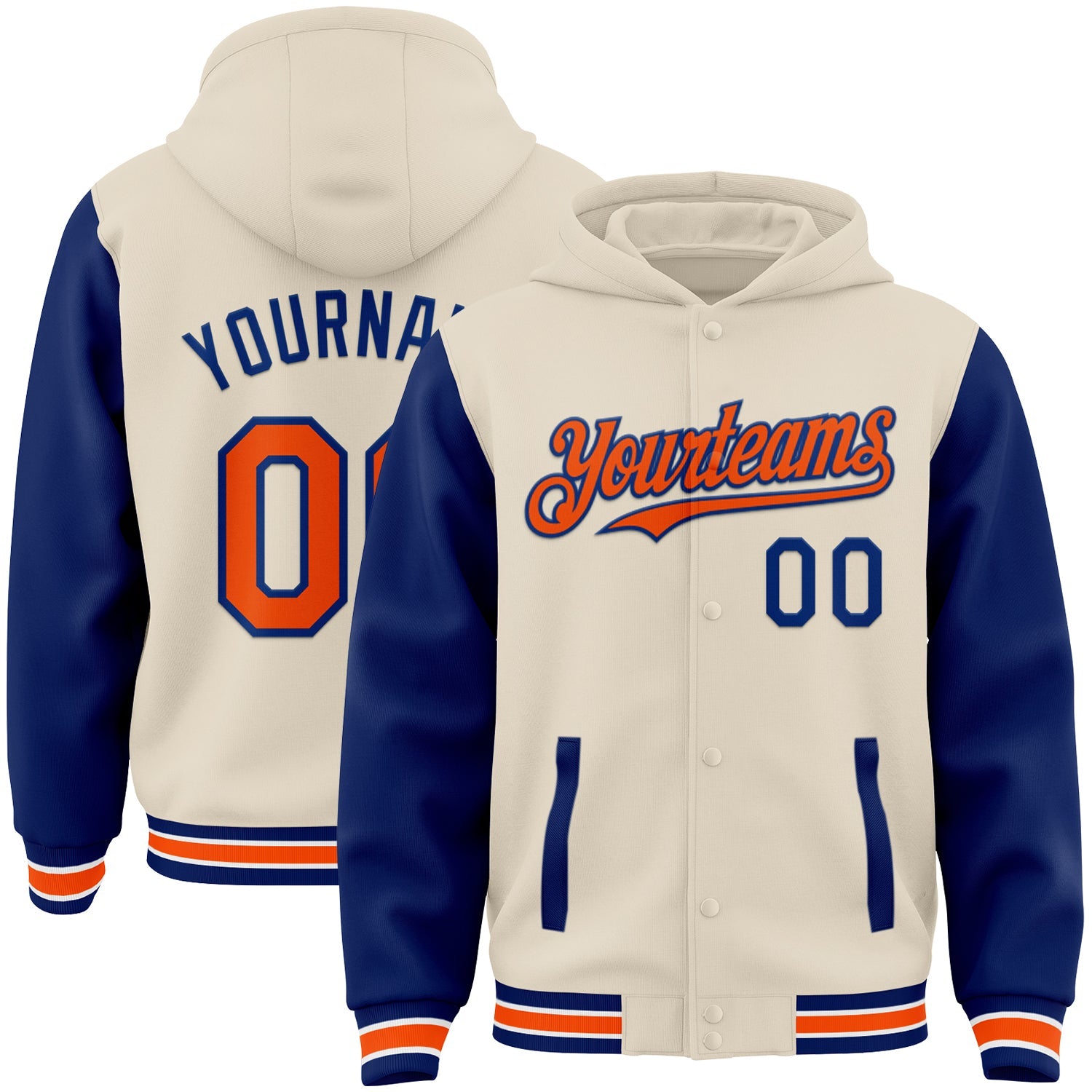 Custom Cream Orange Royal-White Bomber Full-Snap Varsity Letterman Two Tone Hoodie Jacket - Main View