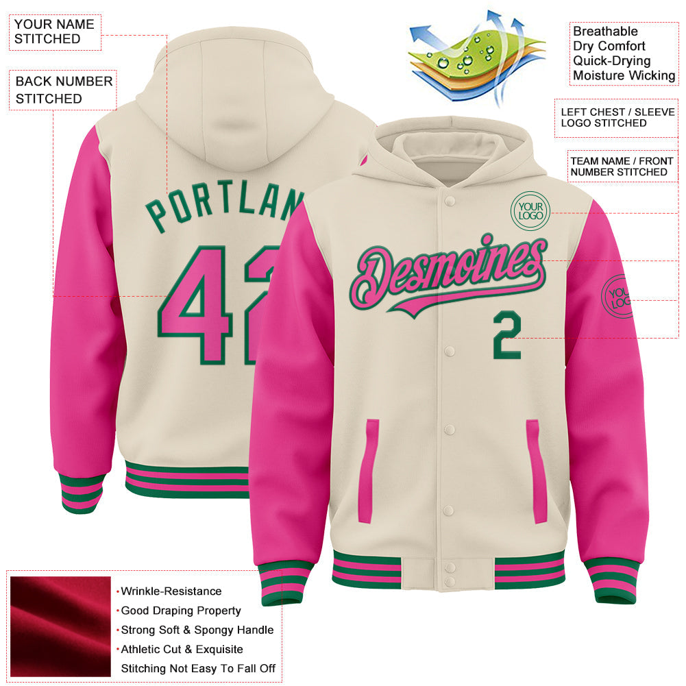 Custom Cream Pink-Kelly Green Bomber Full-Snap Varsity Letterman Two Tone Hoodie Jacket view 3