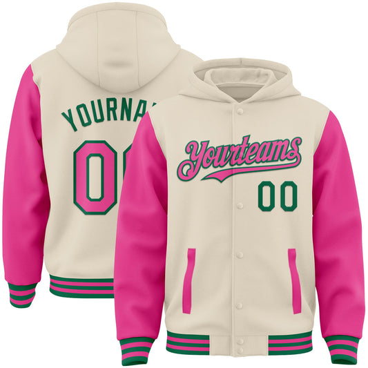 Custom Cream Pink-Kelly Green Bomber Full-Snap Varsity Letterman Two Tone Hoodie Jacket - Main View