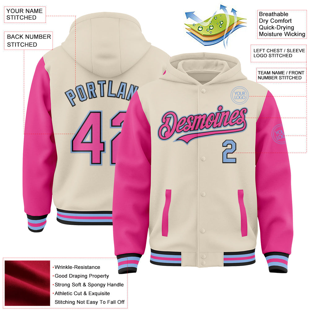 Custom Cream Pink Black-Light Blue Bomber Full-Snap Varsity Letterman Two Tone Hoodie Jacket view 3