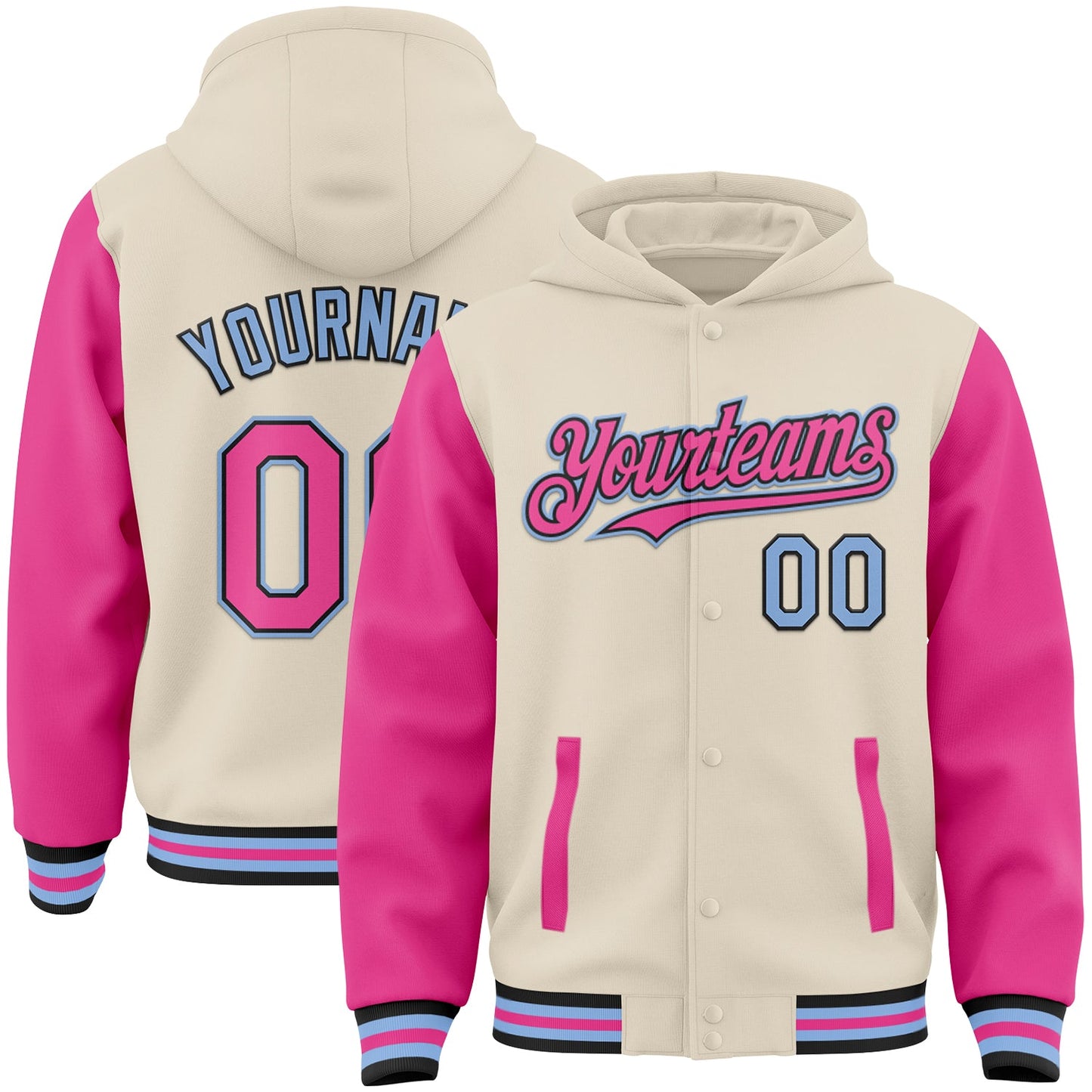 Custom Cream Pink Black-Light Blue Bomber Full-Snap Varsity Letterman Two Tone Hoodie Jacket - Main View