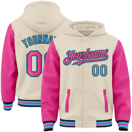 Custom Cream Pink Black-Sky Blue Bomber Full-Snap Varsity Letterman Two Tone Hoodie Jacket - Main View