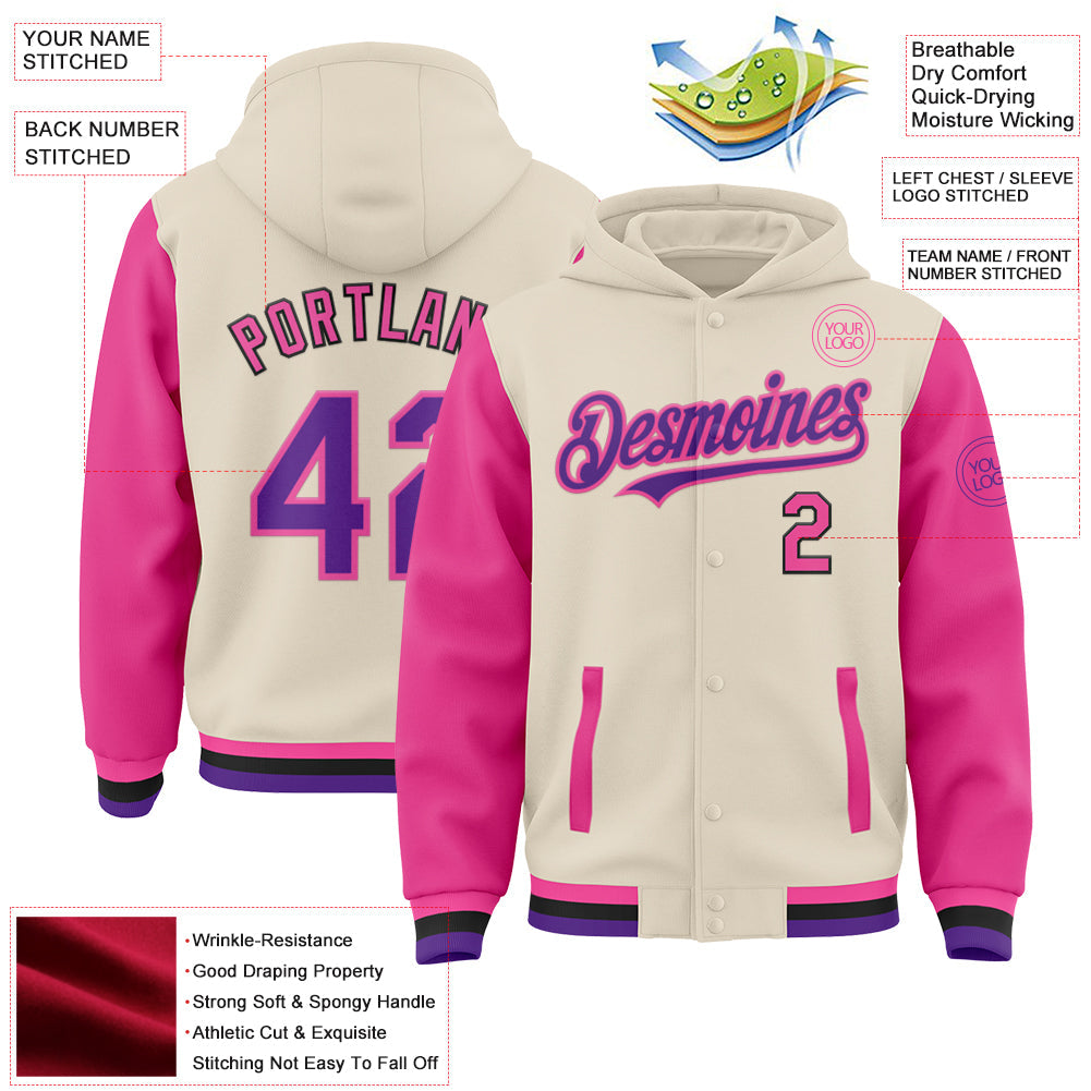 Custom Cream Purple Pink-Black Bomber Full-Snap Varsity Letterman Two Tone Hoodie Jacket view 3